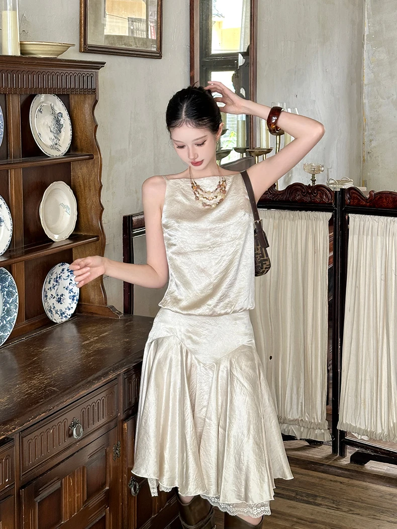 Women's Summer Acetate Two Pieces Skirt Set Lady Streetwear Camisole Top + Lace Hem A Line Knee Length Skirt