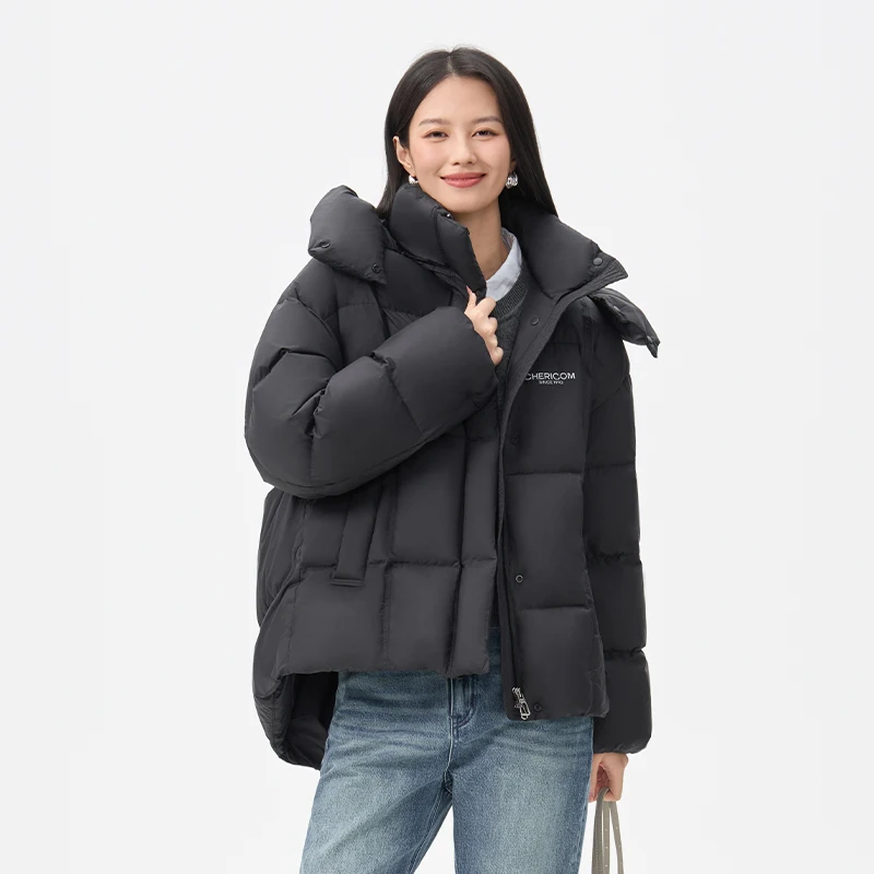 Chericom 여성용 패딩 재킷 탈부착 가능한 후드 스탠드 칼라 사선 포켓 겨울 다운 재킷 신축성 방풍 코트 Y318188Y