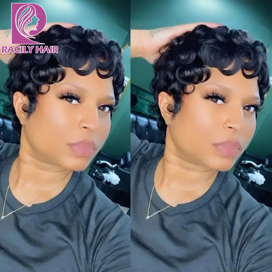 

6inch Short Wavy Pixie Cut Human Hair Wigs with Bangs For Women Curly Full Machine Made Wigs 150% Density Natural Black