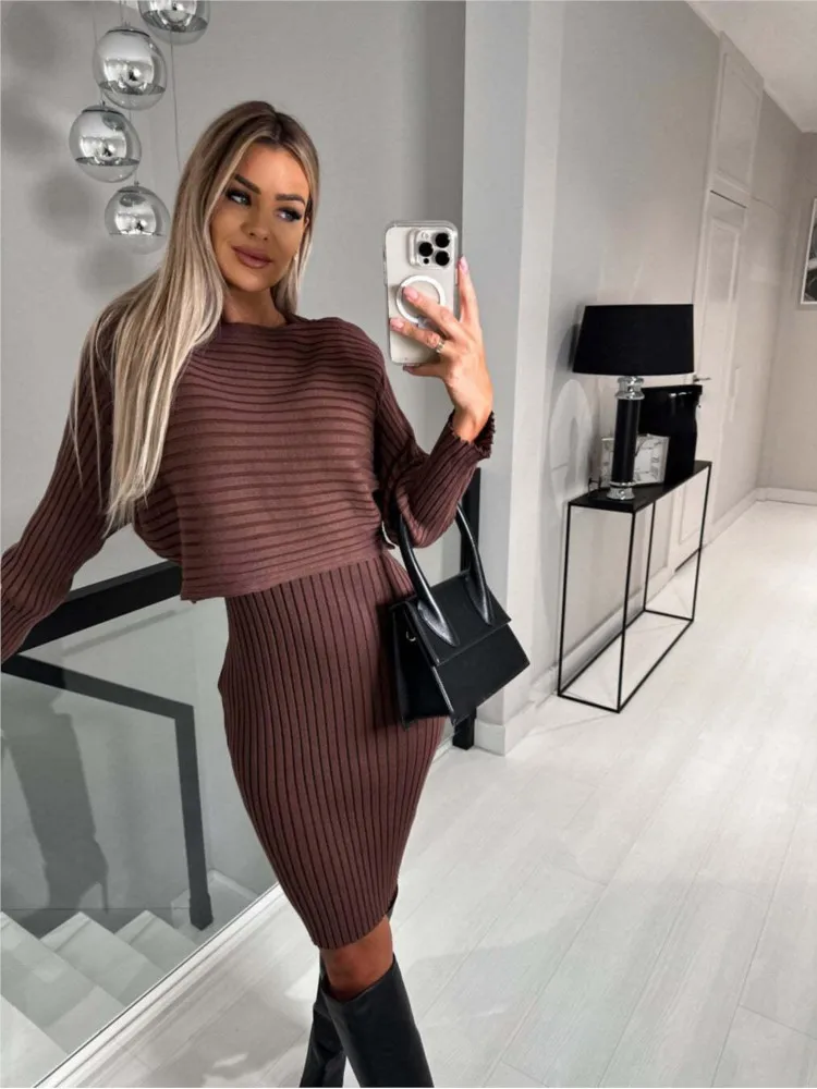 Dress For Women New Winter Fashion Slim Fit Sexy Solid Two Piece Mid Length Women Elegant Knitted Pit Stripe Dress Vestido