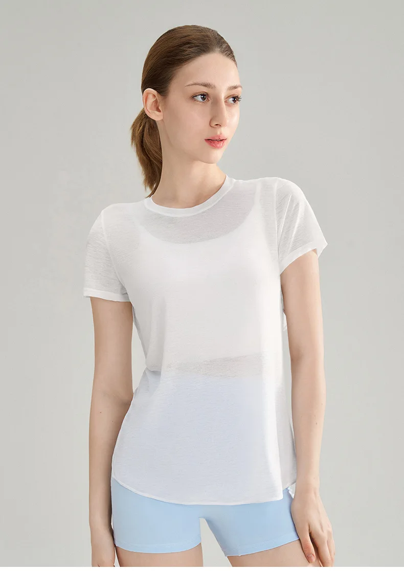 Bambusgarn-Sport-T-Shirt mit schönem Rückendesign, Yoga-Kleidung, Oberteil, schnell trocknendes Fitness-Shirt mit kurzen Ärmeln – Detail 2