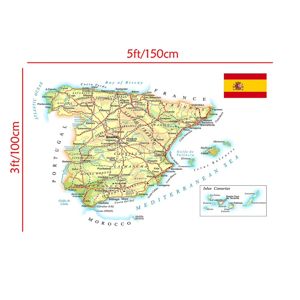 Imagem -06 - Rede Rodoviária e Ferroviária do Mapa Espanha Pintura Non-woven Canvas Cartaz de Parede Escritório e Material Escolar Decoração para Casa 150*100cm