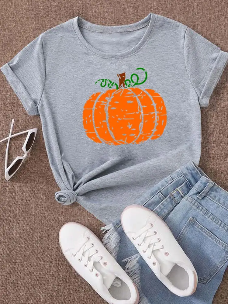 T-shirt imprimé graphique des années 90 pour femmes, vêtements à col rond, style haut, tendance Aliments, automne, Halloween, Thanksgiving, mignon