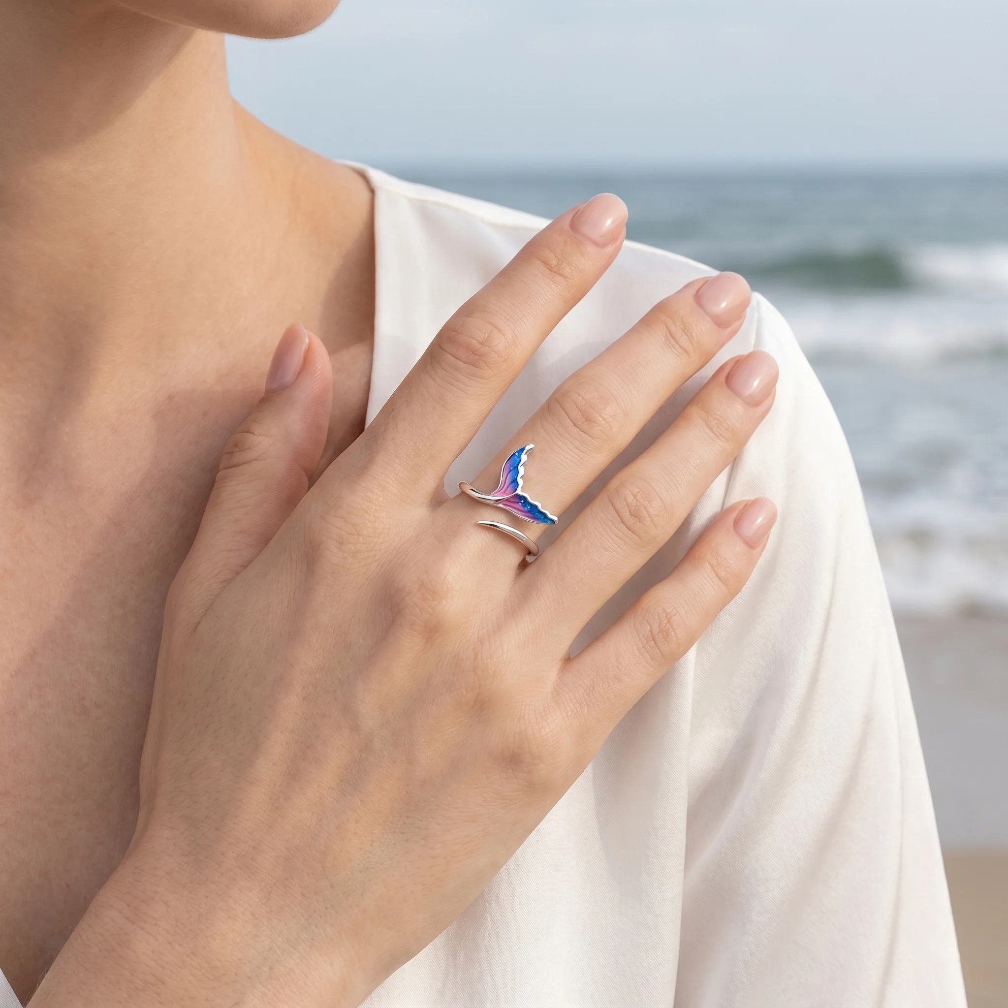 925 Sterling Silver Open Ring Fishtail Ocean Original Adjustable Size Rings For Girls Women Fashion Jewelry