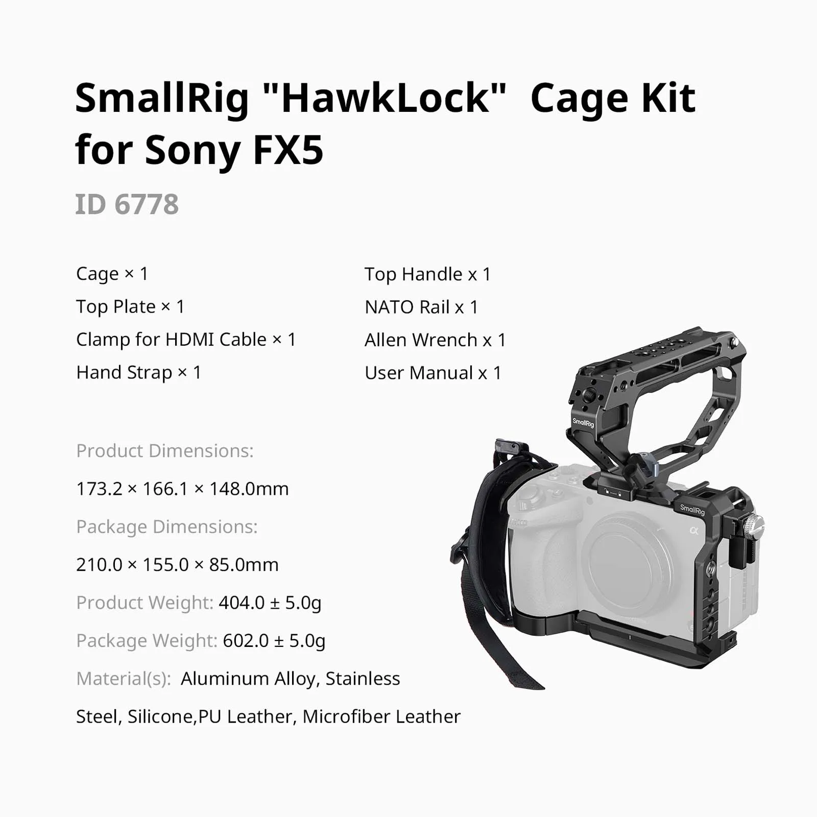 SmallRig FX5 "Hawklock" Cage Kit voor Sony FX5, met bovenhandgreep, NATO-rail, bovenplaatklem en Arca-type snelkoppelingsplaat voor statief