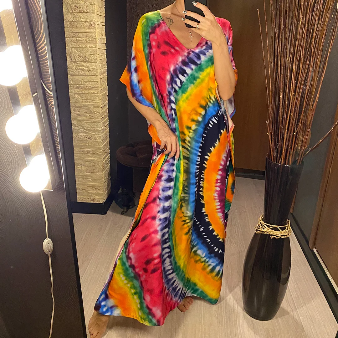 2026 Neues Buntes Kaftan-Tunika Strandkleid Strandmode Strandüberwurf Locker Sitzendes Maxikleid für Damen V4428 – Detail 2