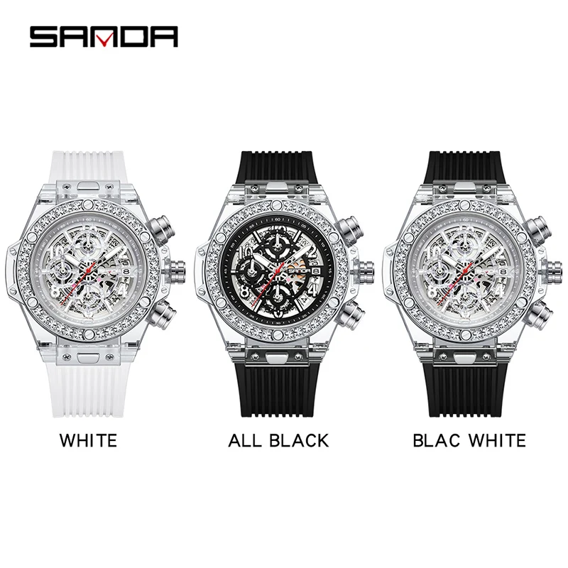 SANDA Hot Sale Men Quartz Watch Silicone strap Waterproof Calendar Luminous Hand Multifunction Quartz Chronograph Men\'s Clock