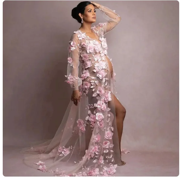 Pink Prom Dresses Floral Appliques Women Maternity Photo Robes Long Sleeves Front Split Pregnancy Babyshower Gowns custom