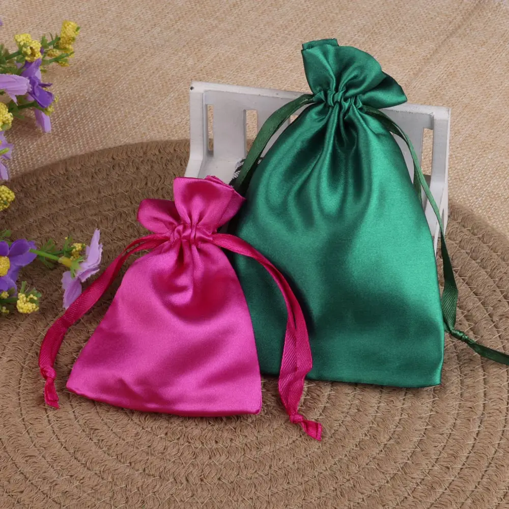 Bolsa de regalo de joyería de seda de lujo, bolsa de satén con cordón para fiesta de boda, embalaje de dulces, 10 unidades por lote, 8x10cm, 10x15cm