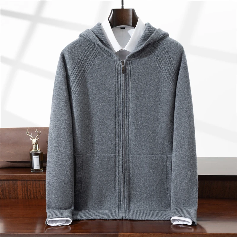 Men's Hooded Knit Sweater Autumn Winter New Cardigan Tops 100% Wool Slim Solid Color Sweatercoat Jacket