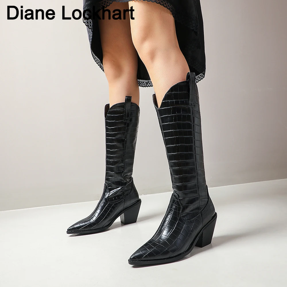 Brand Designer Crocodile PU Women Knee High Boots western cowboy Riding Boot Pointed toe Wedge Botas Woman High Heels Bottes 41