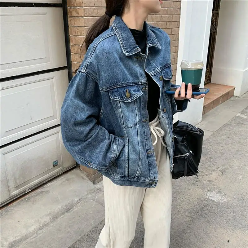

Basic Jackets Women Denim Clothing Spring Fashion Simple Popular College All-match Single Breasted Loose Turn-down Collar Cosy