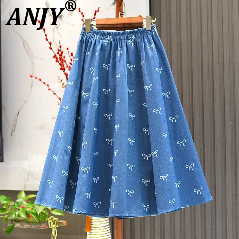 

ANJY Summer New Women's High Street Elegant Fashion Sweet Y2K Casual Elastic Waist Bow Printed Pleated A-line Denim Skirts A8035