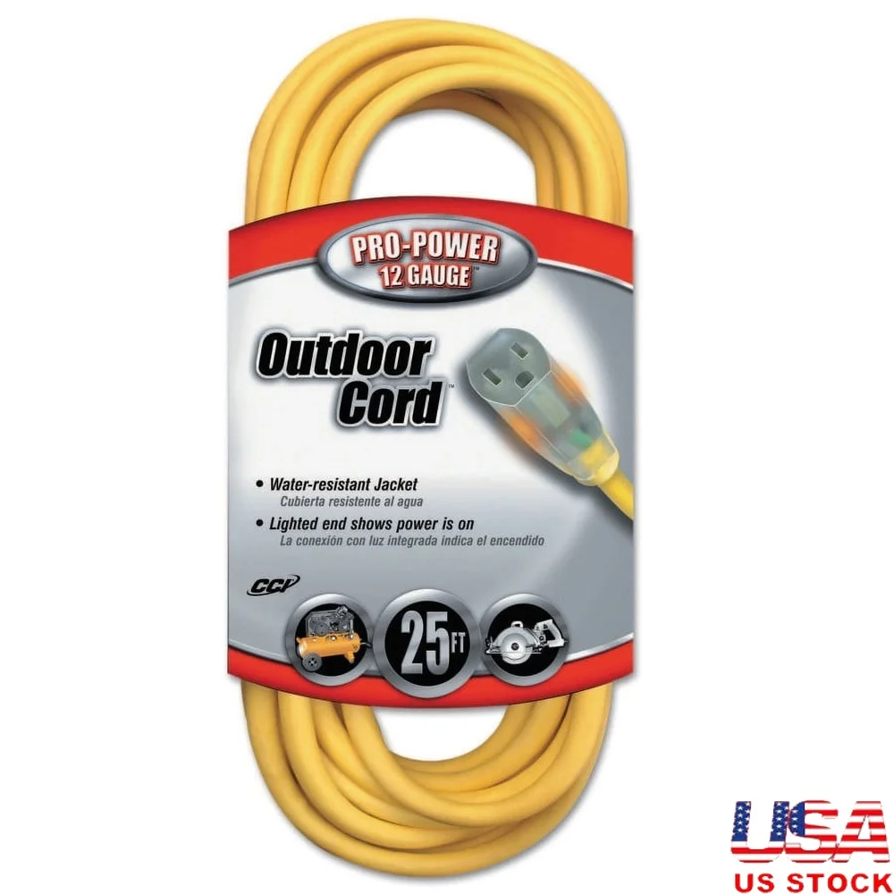 

12/3 Vinyl Outdoor Extension Cord 25ft Lighted End Heavy Duty Water Resistant Power Indicator 15AMP 125Volt Contractor Grade