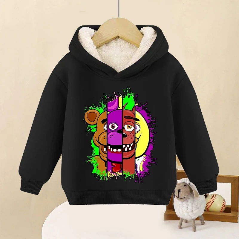 

FNAF Lamb Wool Hoodies for Children Five Nights At Freddy Anime Cute Hooded Sweatshirt Boys Girls Winter Warm Fashion Hoodie