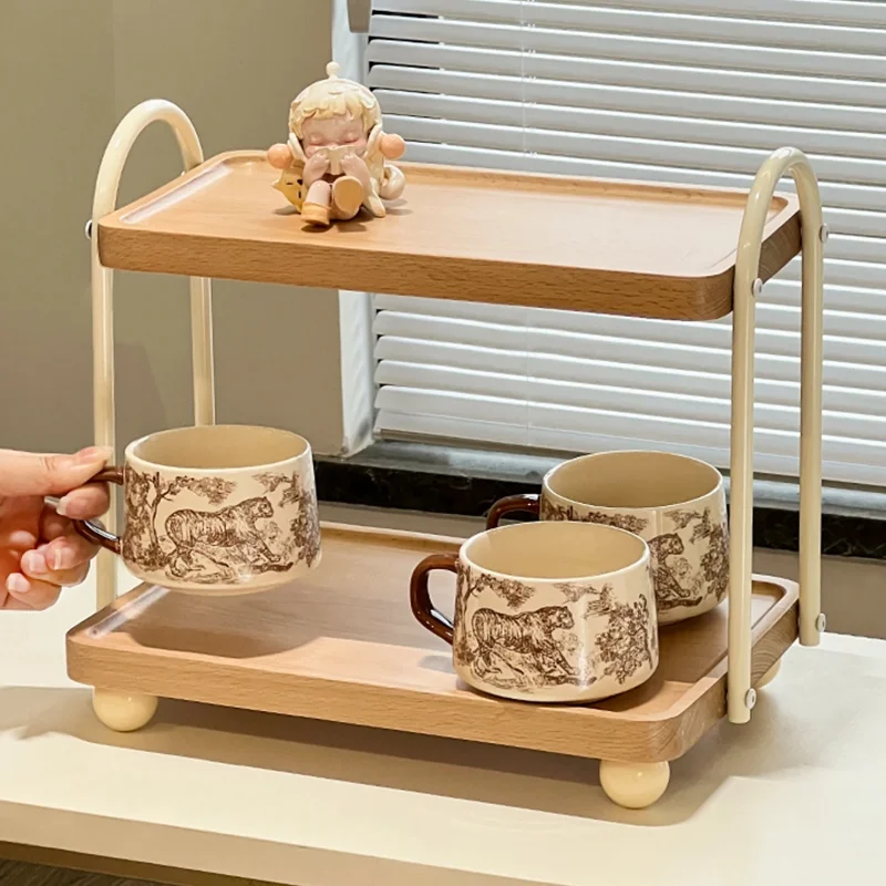 Cream Wood Feng Shui Cup Storage Rack Luxurious Makeup Organizer Home Light Luxury Coffee Cup Holder Decorative Shelf