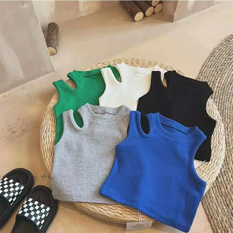 Colete de verão para meninas, moda infantil, tendência de personalidade, versão coreana, esportes, irregular, ombro de fora, suspensório curto