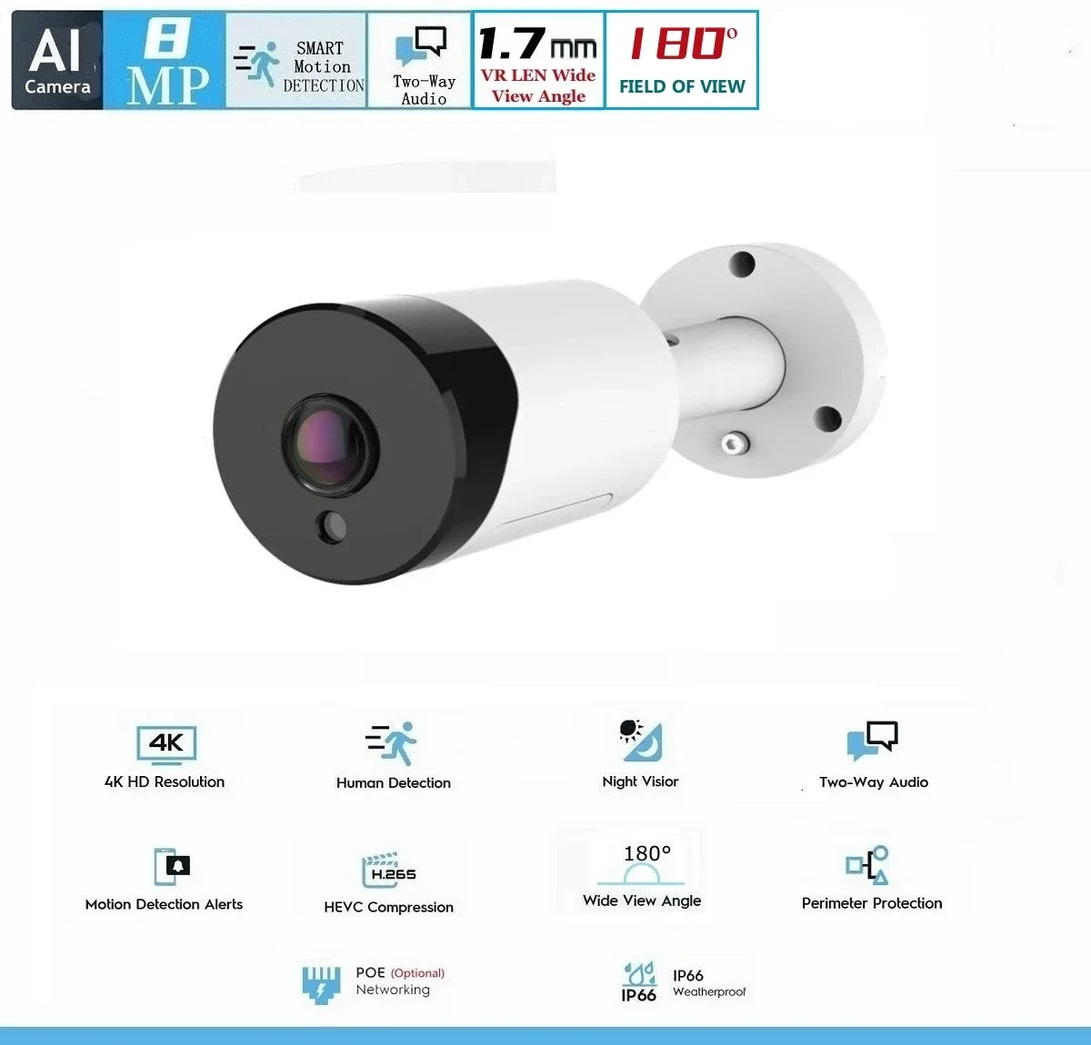 

With Two way audio Night Vision bullet Cam Poe 8MP 5MP 4MP 3MP IP66 4K VR Panoramic 180 Degree Waterproof Security Camera