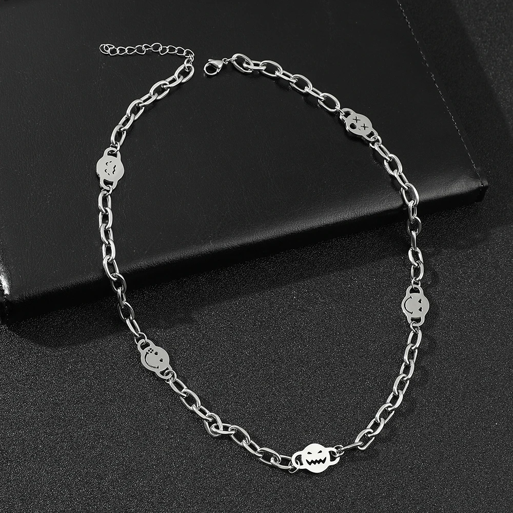 Trendy Hip-Hop Funny Emojis Necklace Hollow Smiley Face Spliced Titanium Steel Pendant Party Jewelry Accessory for Men Women view 5