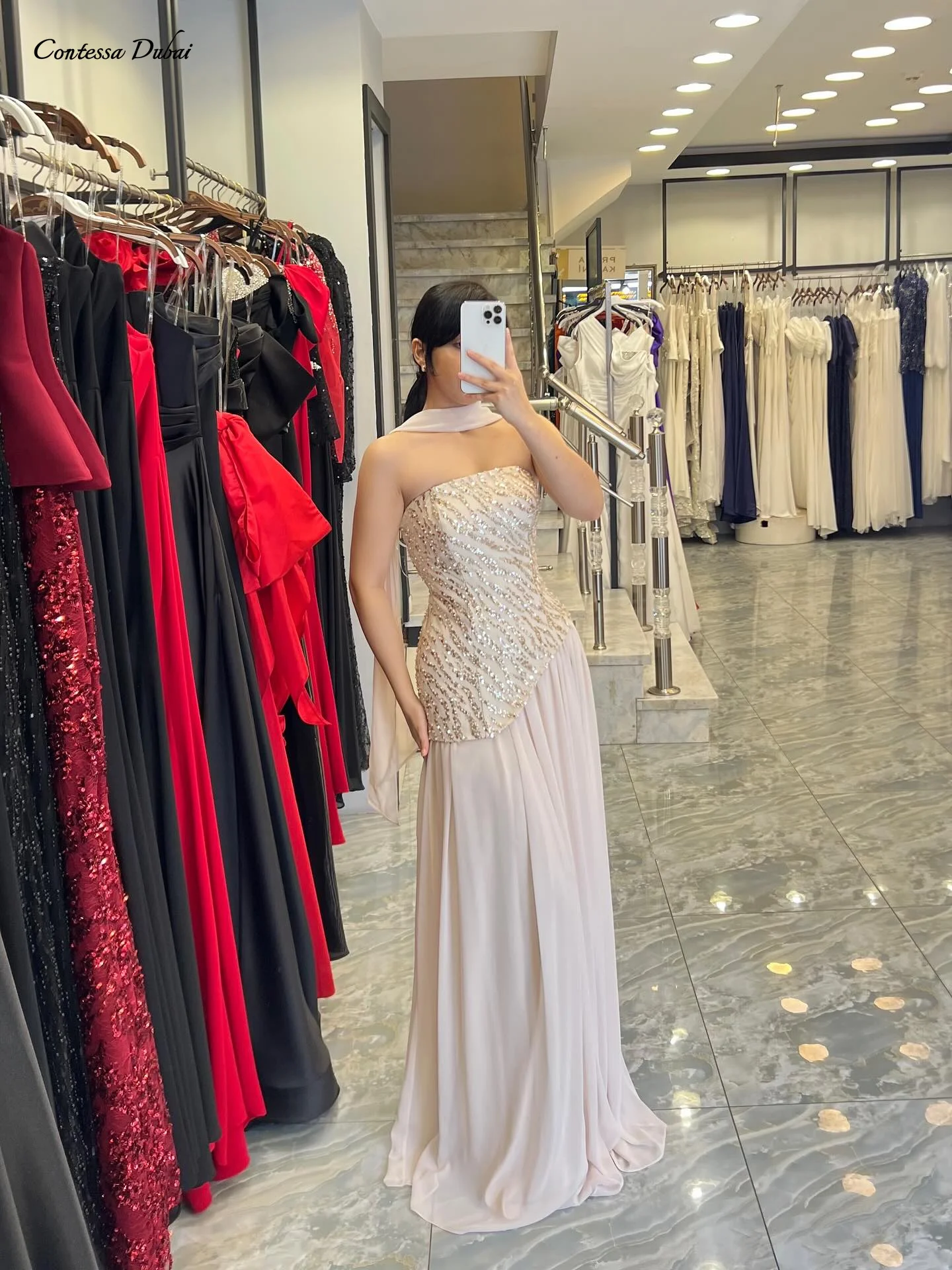 

Contessa Custom Strapless Neck Scarf Evening Dress Beaded Sequin Luxury robes de soirée Elegant A Line Bridesmaid Dress 2026