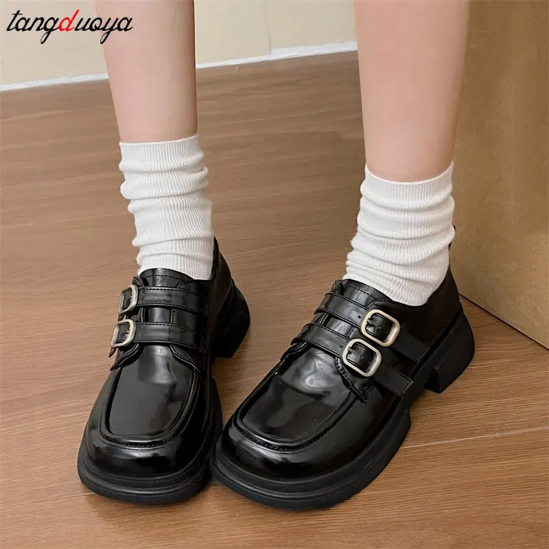 Okrągłe palce Shallow Mouth Casual Woman Shoes British Style Platform Loafers Woman Brown Retro Mary Jane Shoes College Uniform Shoe