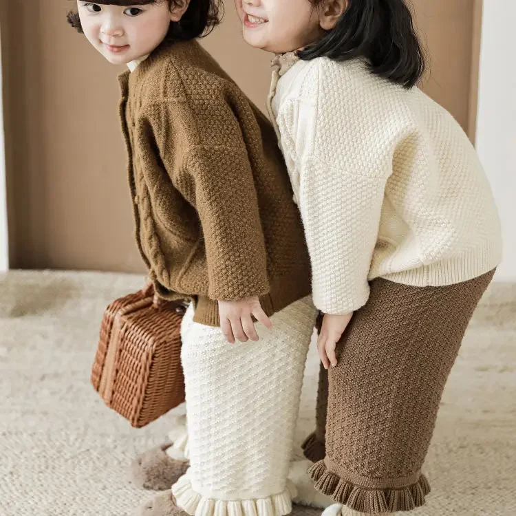 Autumn Cute Girls Knitted Pants  Lace for Girls Solid Color Pants for Childrens Wide Leg Pants  kids clothes  sweatpants