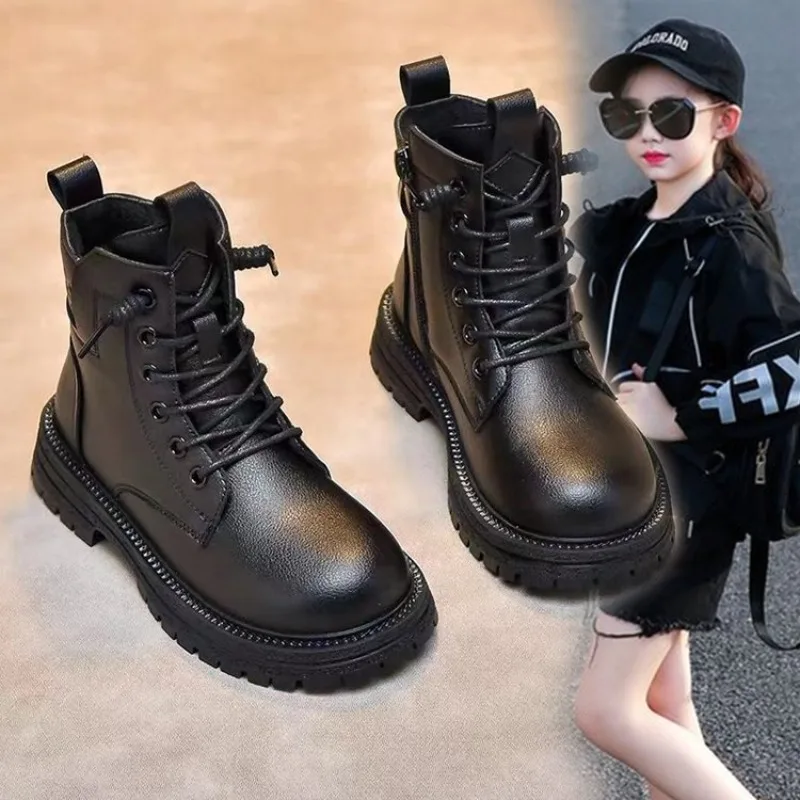 Autumn Winter Girls Ankle Boots Fashion School Kids Leather Boots Thick Bottom Non-slip Children's Platform Causal Boots Black