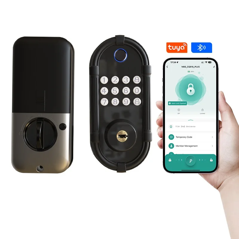 Tuya Smart Door Lock Digital Biometric Fingerprint Passcode Mechanical Key Unlock Bluetooth for Bedroom Apartment Wooden Door
