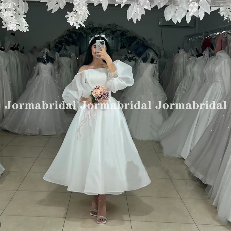 فستان زفاف برقبة قارب بطول الشاي وأكمام منتفخة صيفي على شكل حرف a فستان زفاف الشاطئ تركيا العروس فستان حفلات الزفاف حسب الطلب