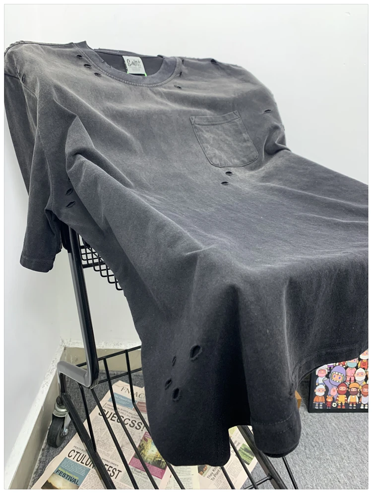 Summer New Vintage Distressed Pure Cotton Round Neck Short Sleeve Stylish Boy Youth Trend Loose Casual Trendy T-Shirt