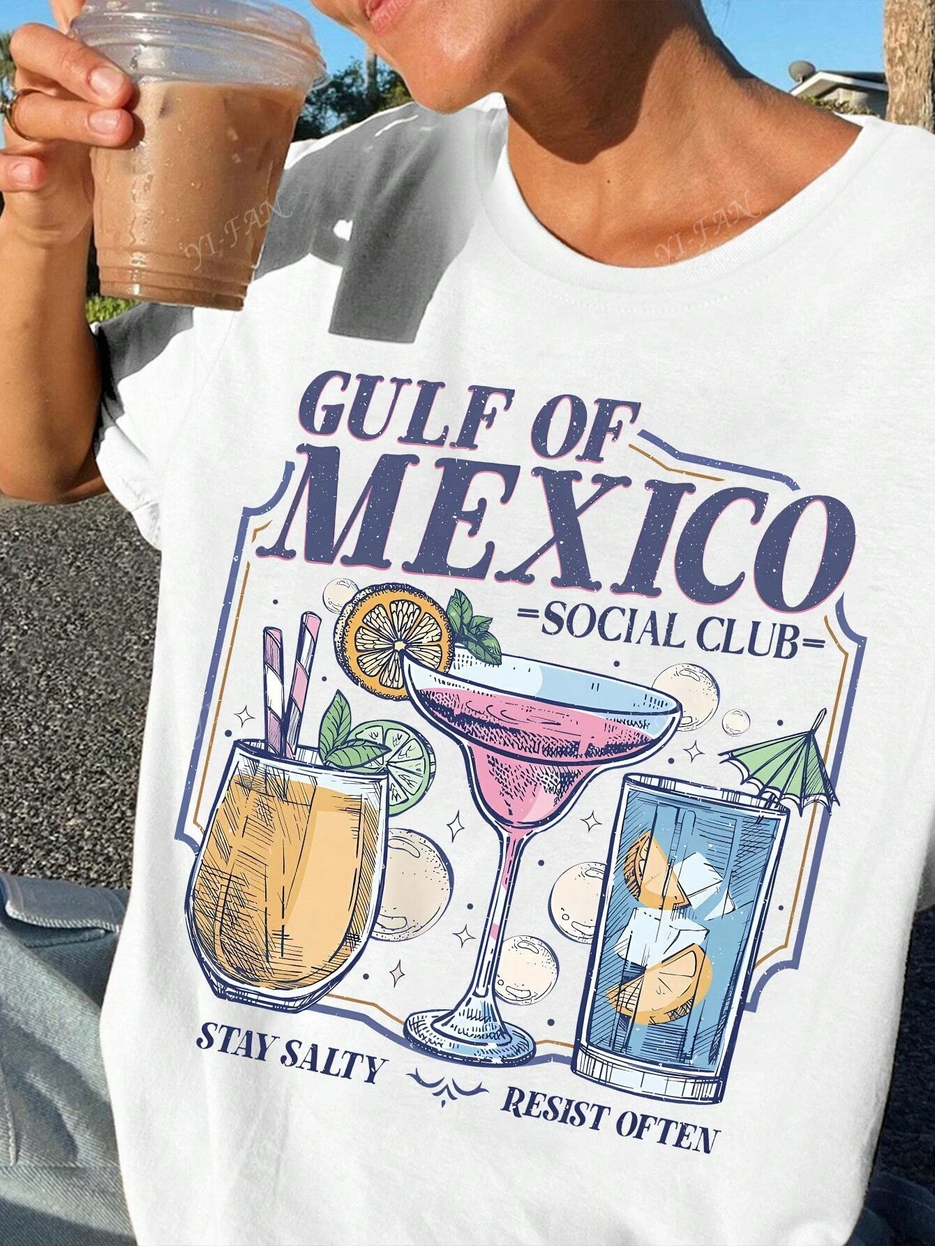 Gulf Of Mexico Social Club Druck T-Shirt Frauen Baumwolle Sommer Kurzarm Bequeme Weiche Oansatz Tops Straße Frau Kleidung