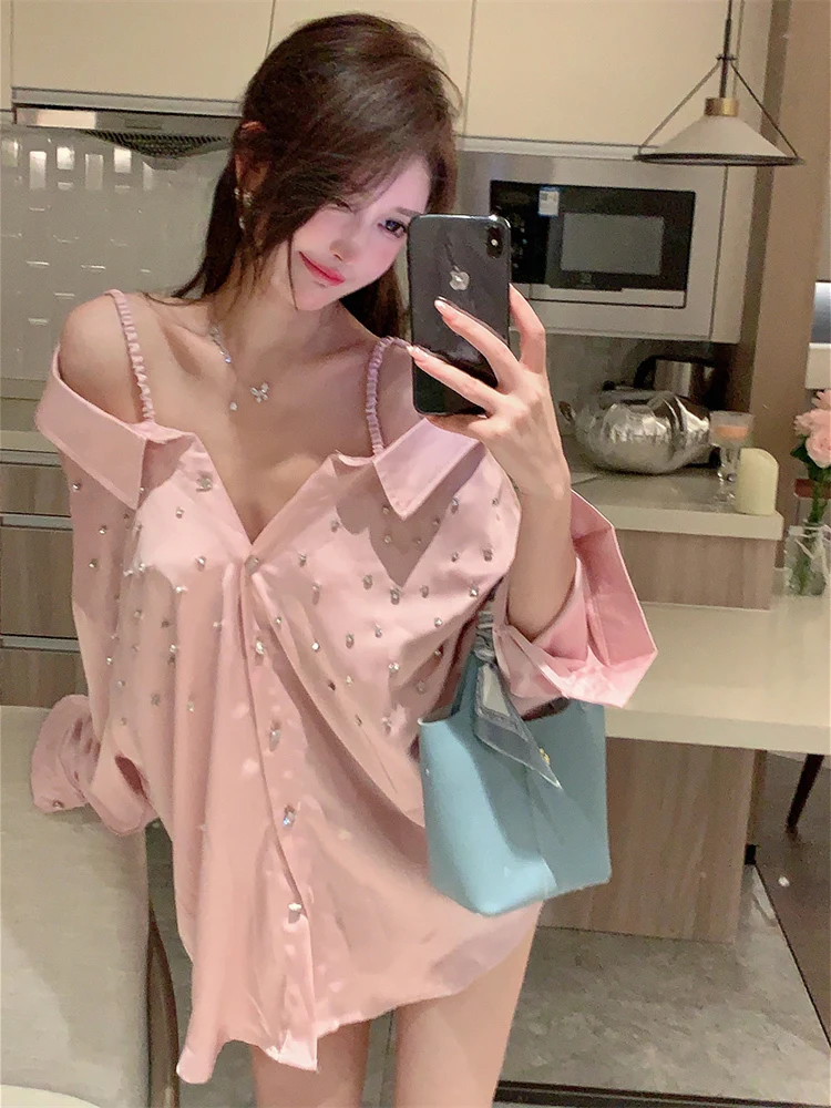 

2025 New Style Fashionable Off Shoulder Sunscreen Long Sleeve with Diamond Inlaid Pure Desire Style Two Wear Shirt Skirt