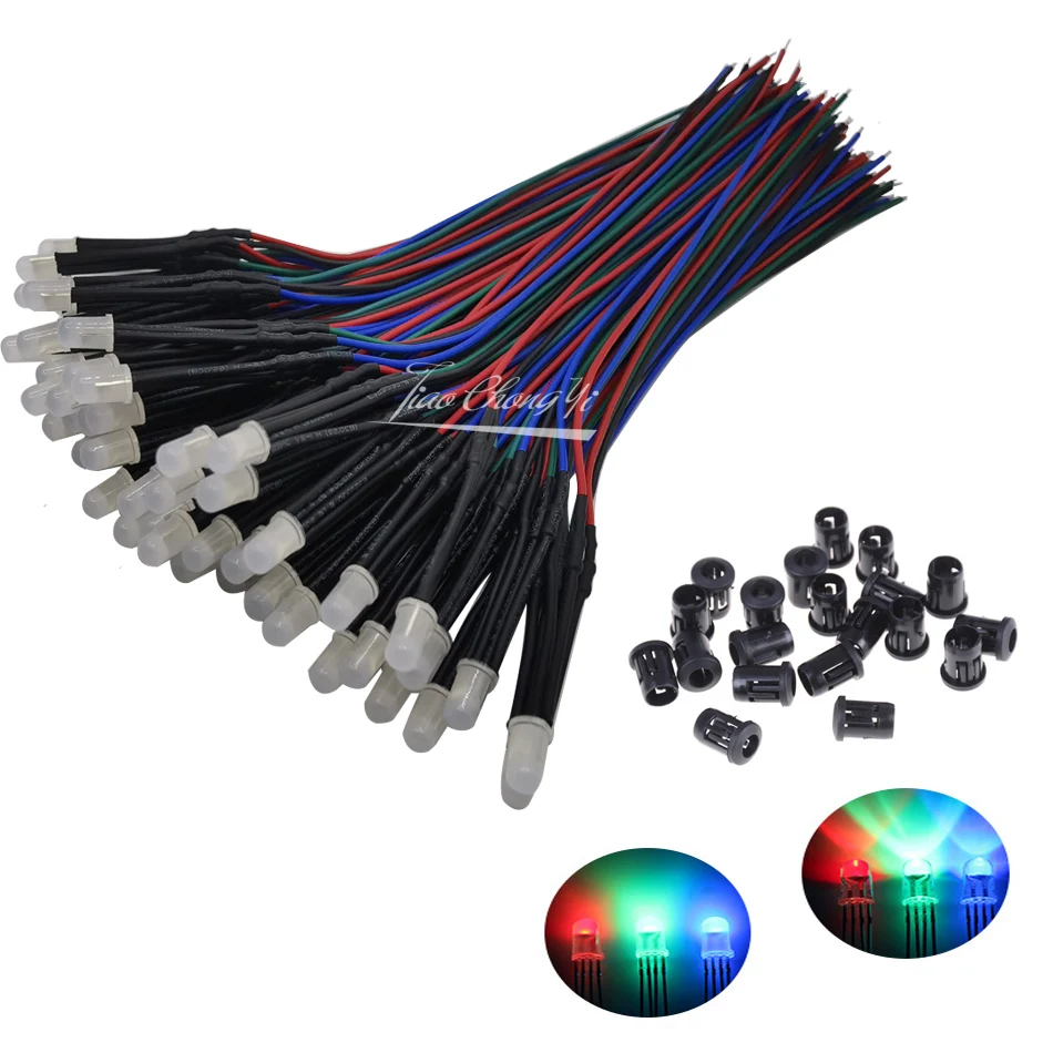 10-50pcs 5mm DC12V 4 Wires RGB Multicolor LED Emitting Diode Common Anode Cathode  20cm Round Pre-Wired With Plastic Holder DIY