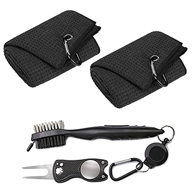 Golf Towel Set Microfiber 16X24 Inch Tri-Fold Golf Towel With Carabiner Groove Cleaning Brush Golf Sketch Tool