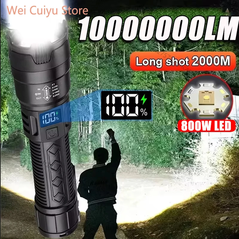 Linterna LED de alta potencia con batería incorporada, recargable por USB, luz fuerte, linterna táctica para exteriores, camping y senderismo.