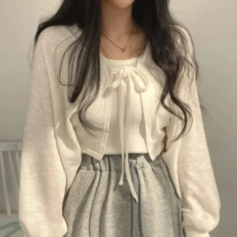 

Thin White Cardigan Women Summer Sunscreen Lace-up Knitwear Tops Lady Korean Style Casual Lantern Sleeve Short Sun Protected Top