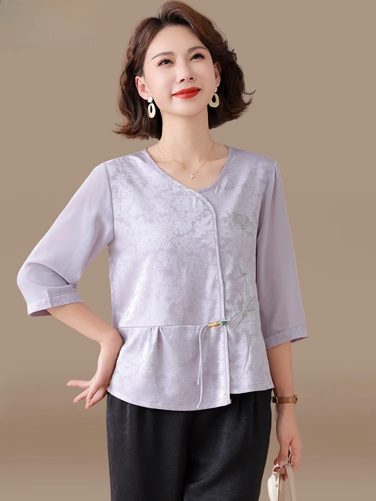 

Летний комплект Sli Mom: вышитая футболка с коротким рукавом для женщин среднего возраста, модный корейский стиль, свободный крой, V-образный вырез