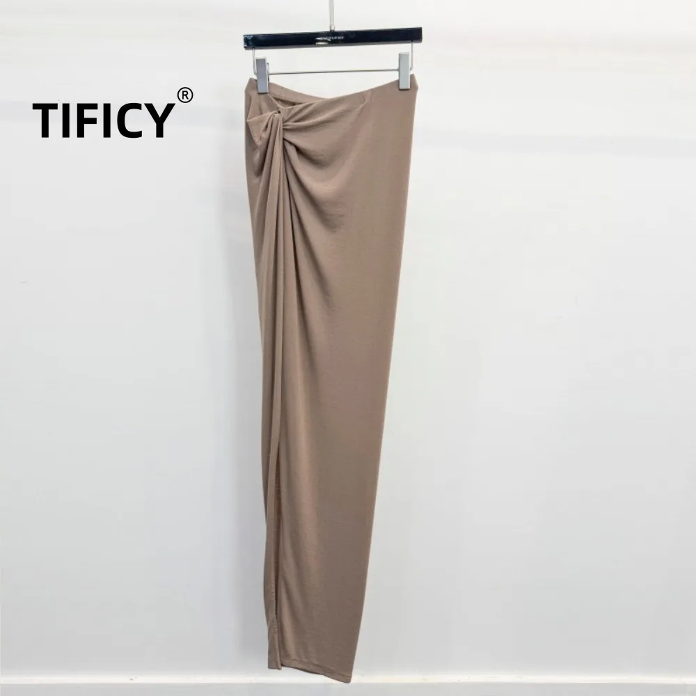 

High Street Skirts Women's New Elastic Waist Side Drawstring Pleated High Slit Design Slim Skirts for Summer Drape