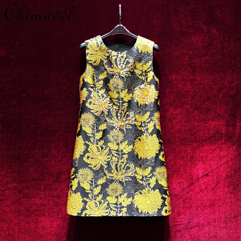 

High-end Luxury Gold Jacquard Retro Heavy Beaded Vest Dress 2025 Summer New Women's Round Neck Sleeveless Temperament Dresses