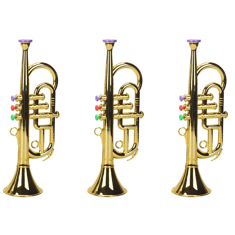 3X Trumpet 3 Tones 3 Colored Keys Simulation Play Mini Musical Wind Instruments For Children Birthday Party Toy Gold