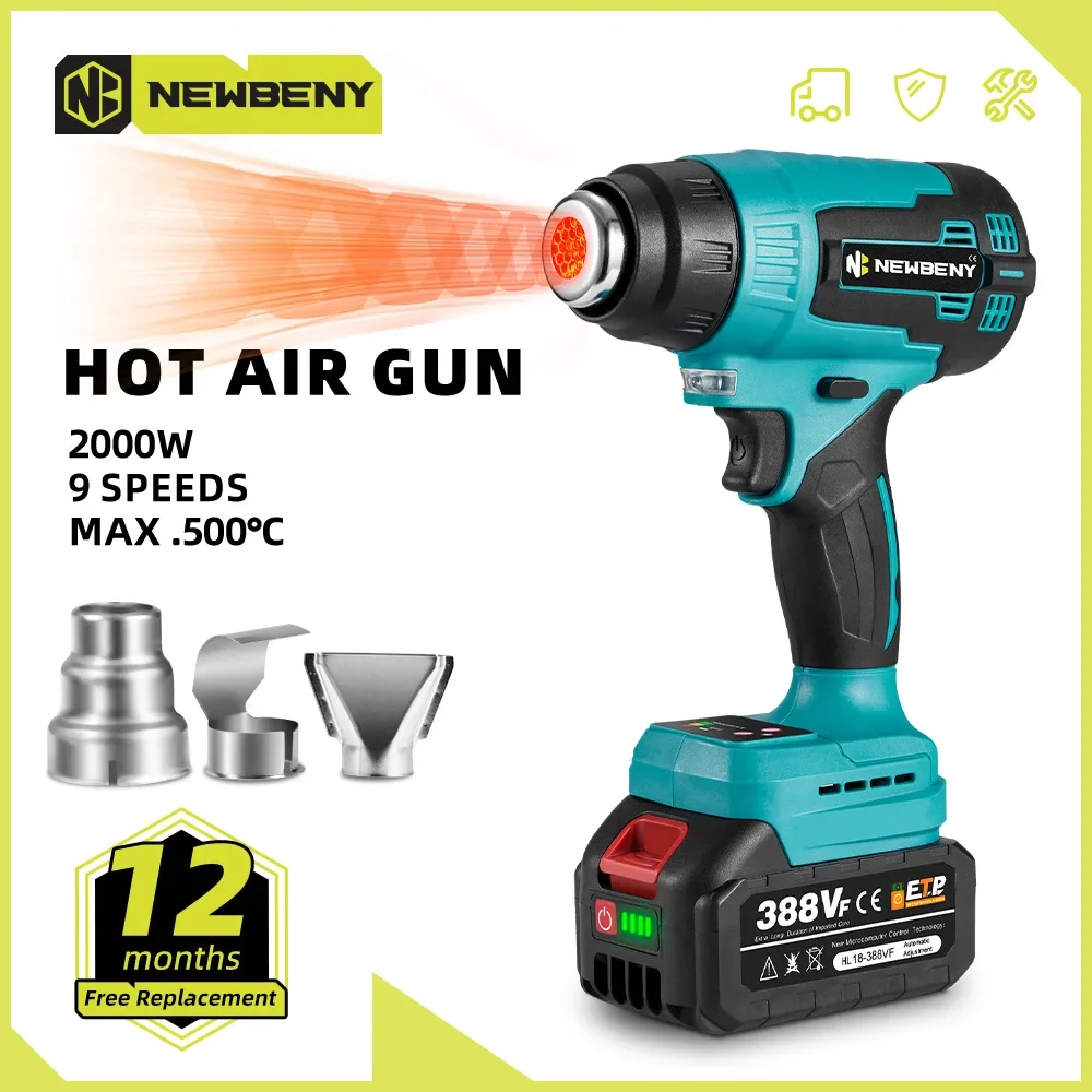 NEWBENY 500℃ Electric Hot Air Gun 9Gears with LED Display Cordless Rechargeable Industrial Household Tool For Makita 18V Battery