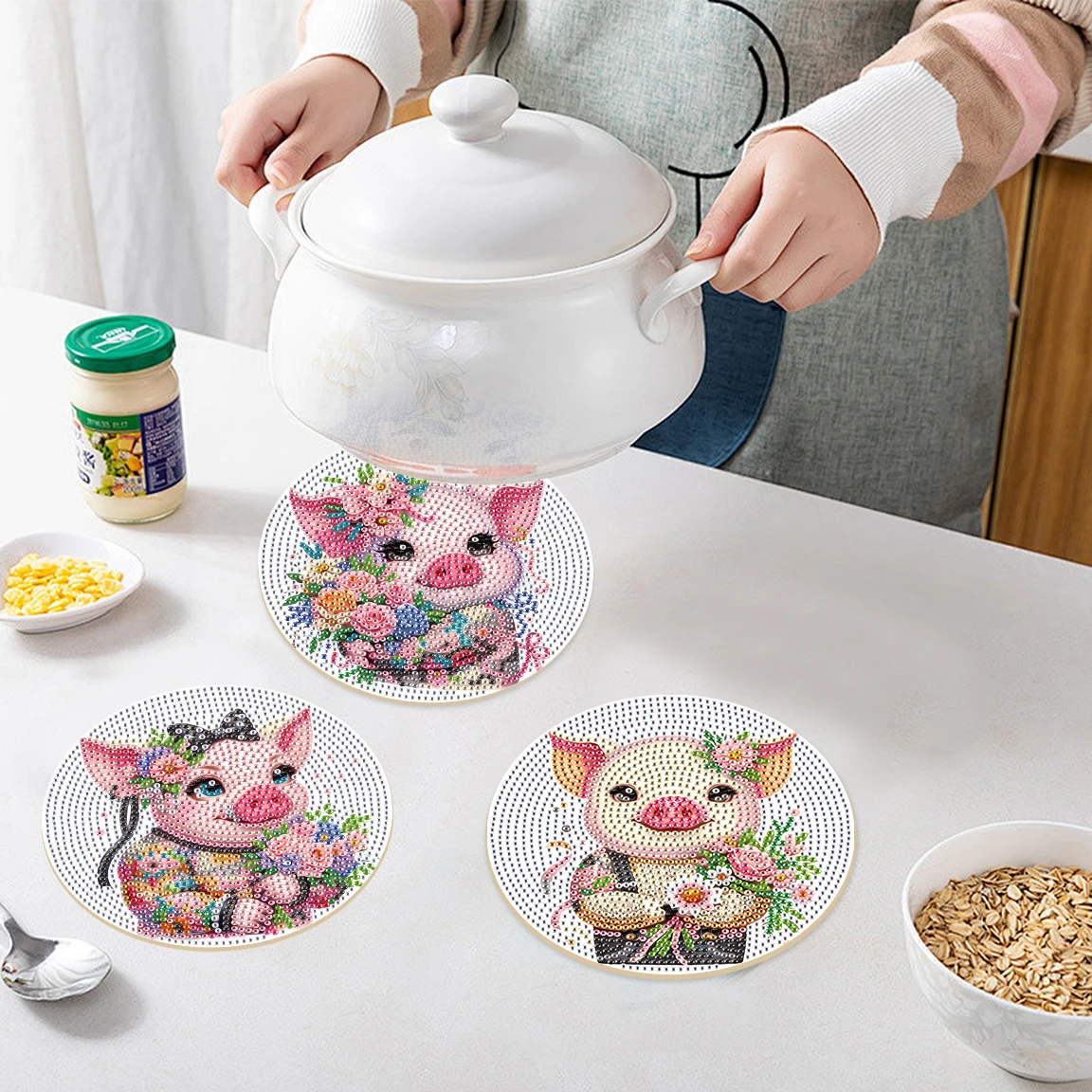 3 قطع الماس الفن اللوحة تحديد الموقع أطقم، DIY الوردي خنزير الماس جولة مكان الحصير الحرفية الجدول الحصير الجدول المطبخ للمنزل ديكور هدية