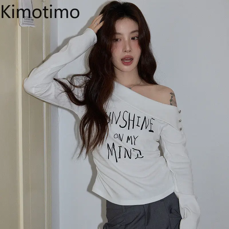 

Kimotimo Letter Printed Off Shoulder Long Sleeve T-shirt Women Autumn New Slim Fit Versatile Crop Top Y2k Aesthetic Ropa Mujer