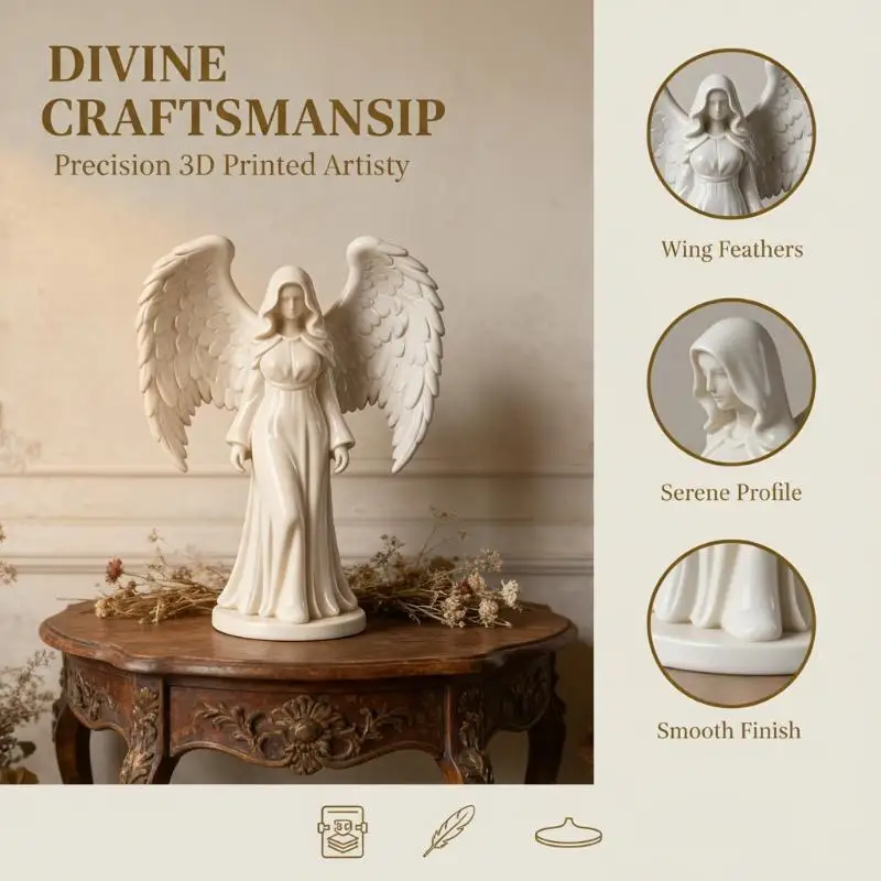 3D Printed White Angel Statue Figurine with Wings Prayer Guardian Angel Sculpture for Home Table Decor and Gift Ornament