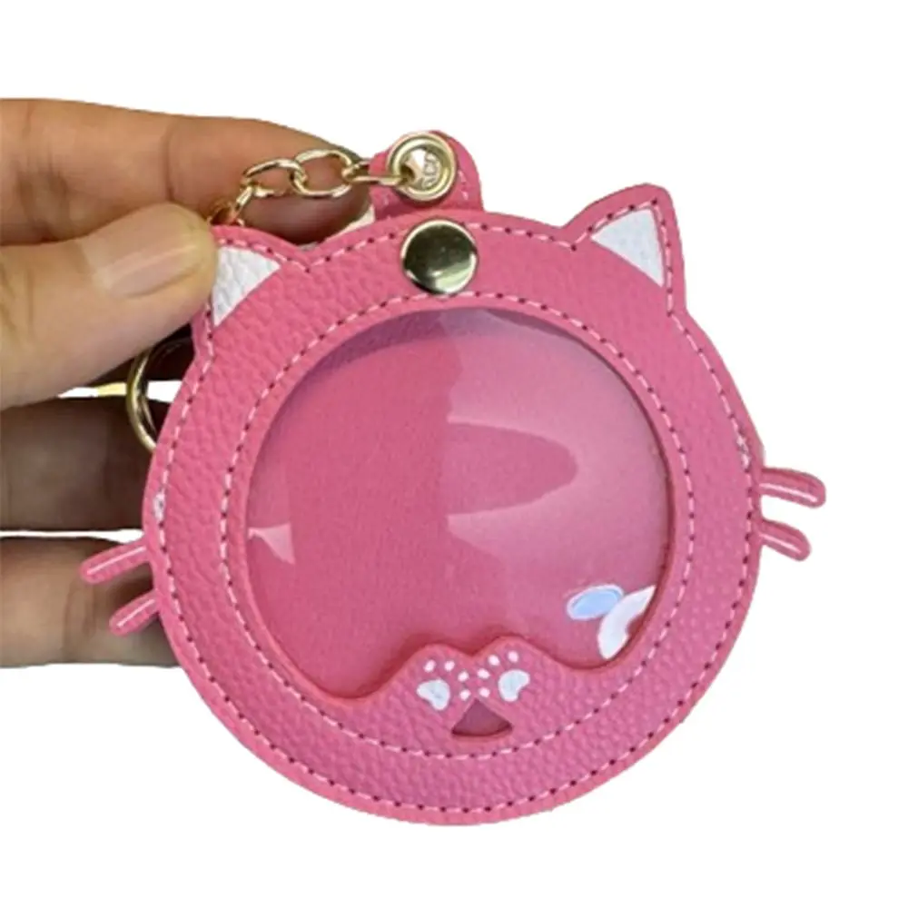 

Mini Badge Display Pouch Cartoon Cat Shape Badge Protector Keychain Portable Pu Leather Key Chain Pendant Student