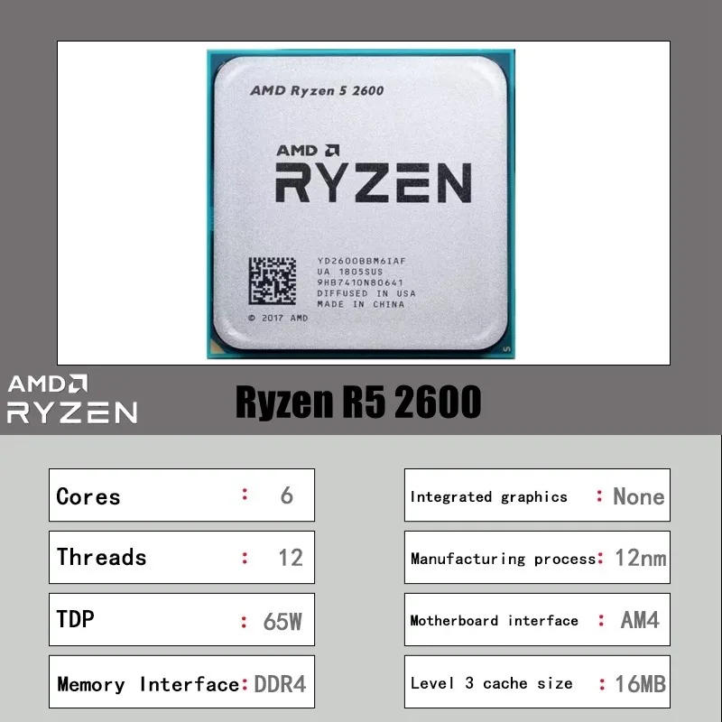 AM4 Processor AMD Ryzen 5 2600 3.4GHz 6C 12T 65W CPU DDR4 Compatible B450 X470 Motherboard Upgrade 16MB Cache