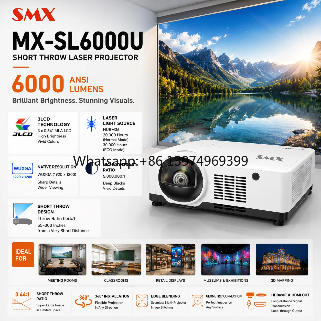 Short Throw Laser 6000 ANSI Lumen 4K Portable Projector 300 Inch Screen Immersion Indoor Interactive Game Wall 3D Video Mapping