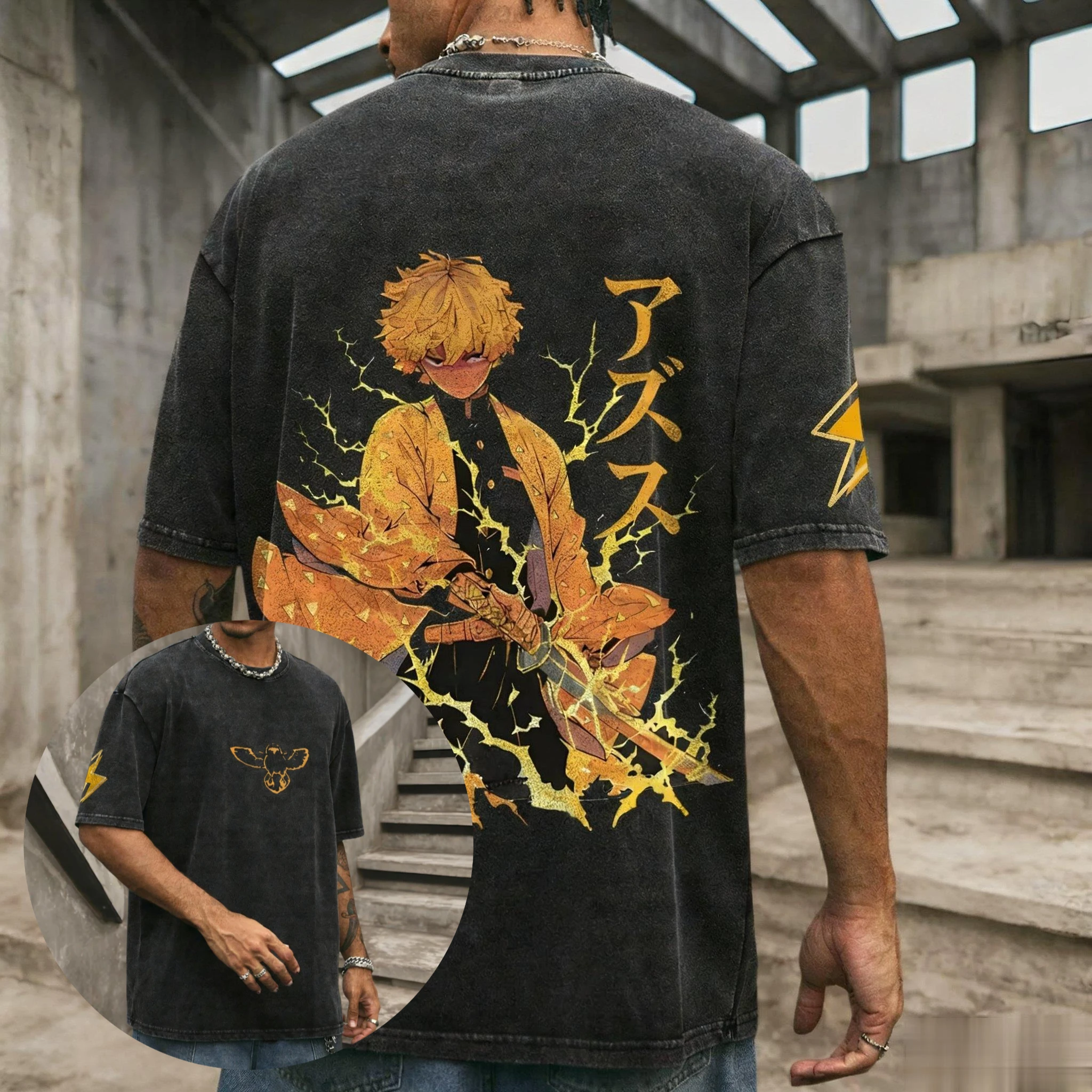 Anime vintage lavado t camisa masculina demon slayer impressão feminina algodão manga curta camiseta streetwear casual topos 2025 verão ​ Harajuku
