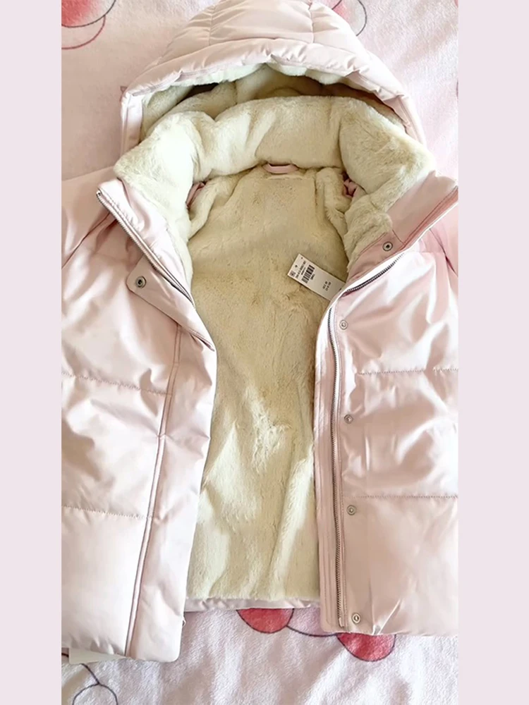 Pink Lambl Wool Patchwork Hoody Jacket Women Autumn Winter Stand Collar Zipper Jacket 2025 Thicken Full Sleeve Pocket Outwear