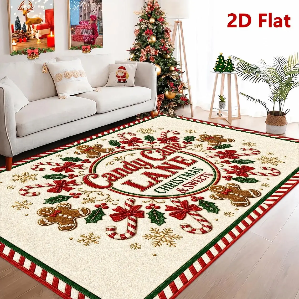 2D Flat Large Candy Cane Street Christmas Style Rug, Festive Decor Floor Mat with Gingerbread Man & Candy Cane Pattern